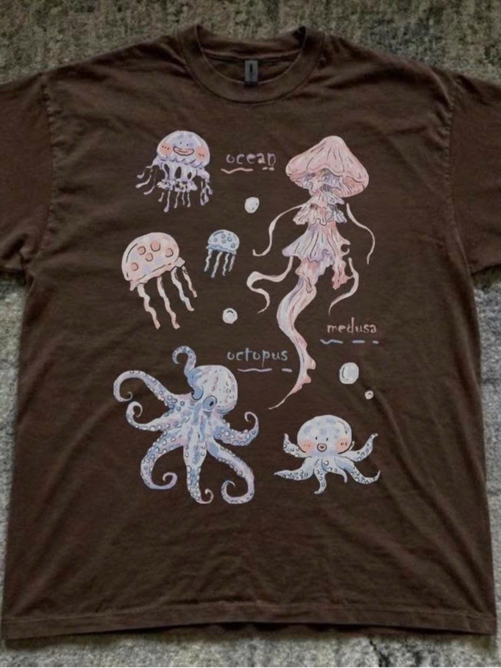 Gildan dark chocolate T-Shirt with Pastel Jellyfish & Octopus Graphics